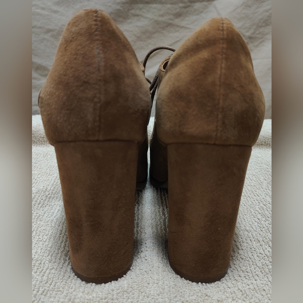 Brown Suede Lace-Up Heeled Oxford Shoes - Picture 5 of 8